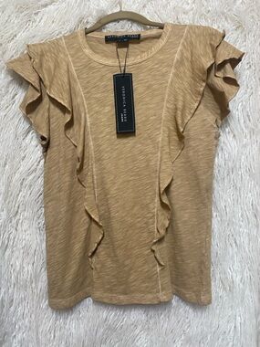 🩷 NWT 🩷 Veronica Beard Bea Ruffle Tee, Size S, Khaki